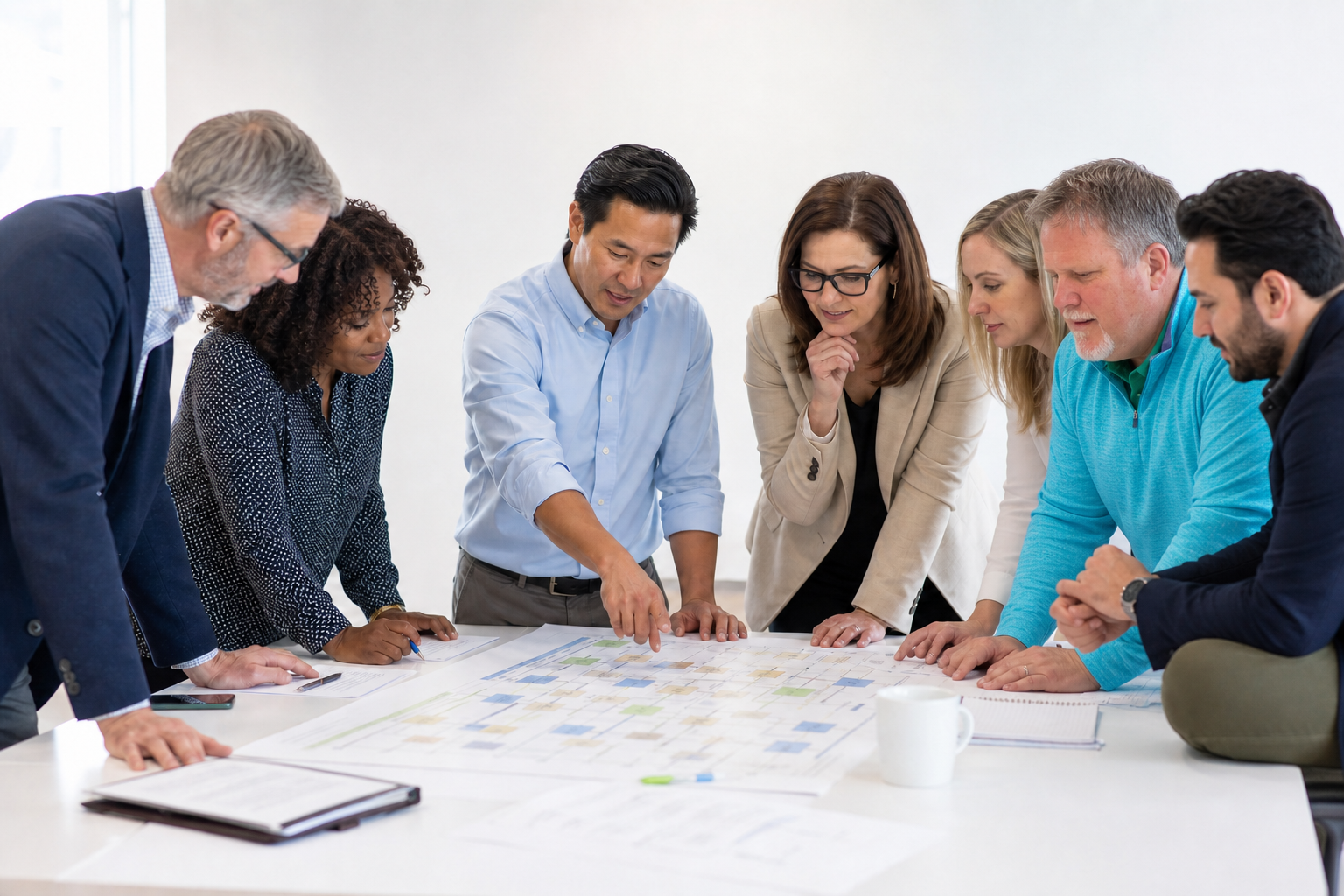 School Leadership Team With New Member Around Strategic Map
