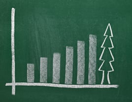 close up of chalkboard with finance business graph and christmas tree