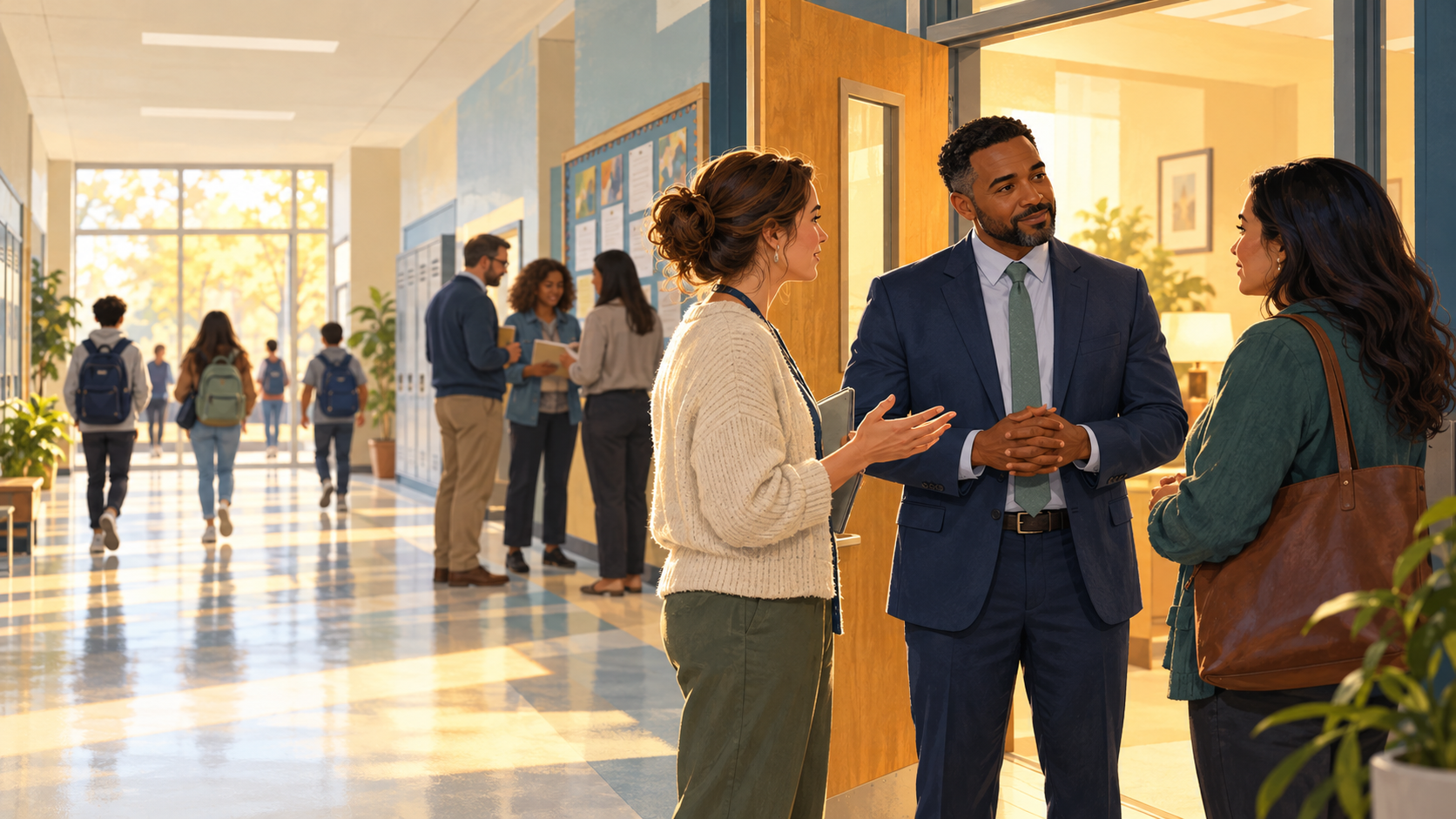A school leader listens to two adults in a sunlit school hallway while students and staff talk in the background.