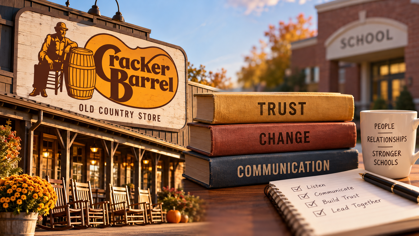Cracker Barrel and school leadership imagery illustrating the importance of trust, communication, and relationships during organizational change